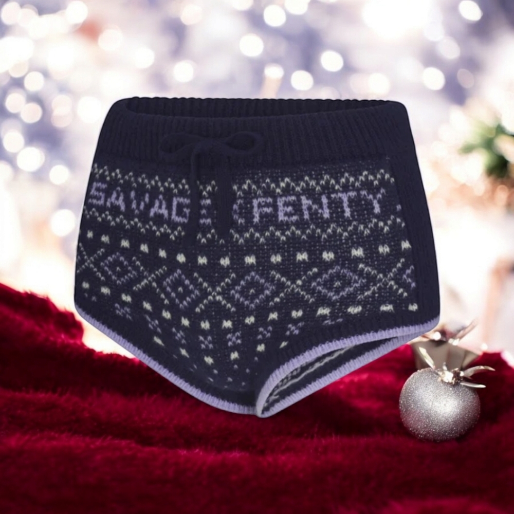 SAVAGE X FENTY FROST SMITTEN KNIT BOOTY SHORT NAVY BLUE SZ L
